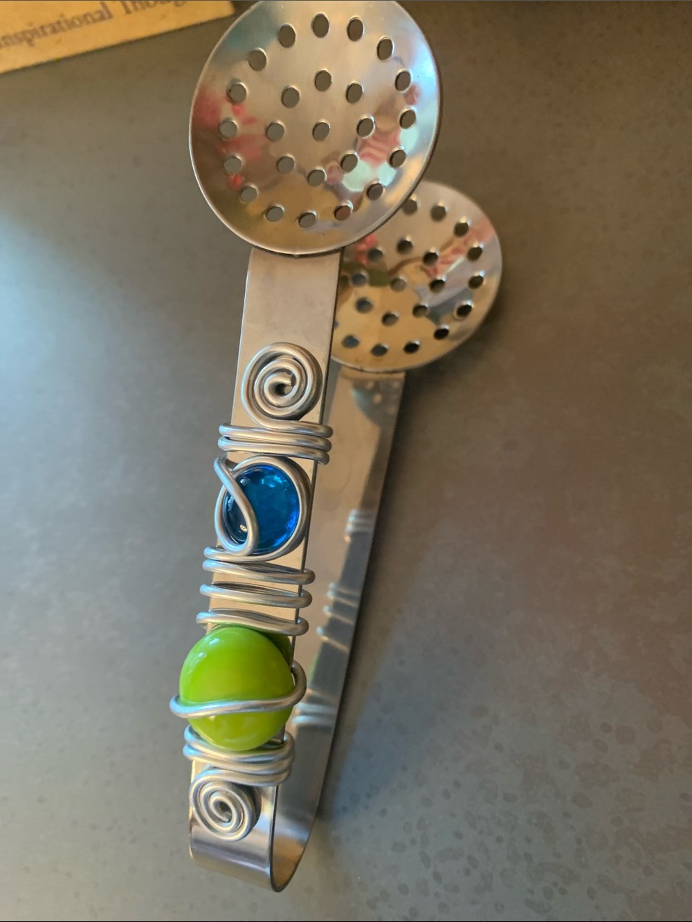 Stainless Steel tea bag squeezer, wire with GREEN and BLUE stones. - Picture 4 of 4